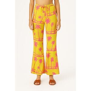New Urban Outfitters Sunny Flare Cutout Pants Yellow Palm Tree Sz 14 Boho